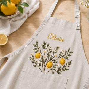 May include: A beige linen apron featuring an embroidered design of lemon branches with yellow lemons and white flowers. The name Olivia is embroidered in yellow script above the design. The apron has a front pocket and adjustable straps.