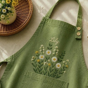 Embroidered Linen Apron: Wildflowe Meadow Garden Design, Adjustable Strap, Adult/Kids Sizes, Custom Name Apron image 1