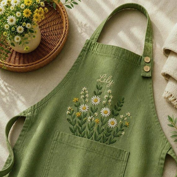 Embroidered Linen Apron: Wildflowe Meadow Garden Design, Adjustable Strap, Adult/Kids Sizes, Custom Name Apron