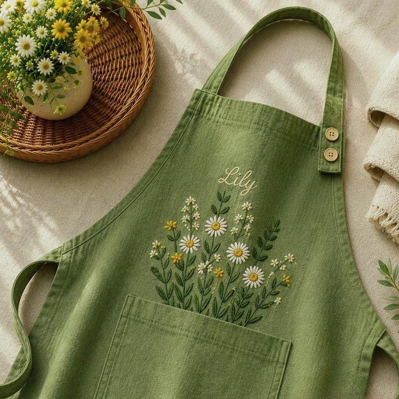 Embroidered Linen Apron: Wildflowe Meadow Garden Design, Adjustable Strap, Adult/Kids Sizes, Custom Name Apron image 1