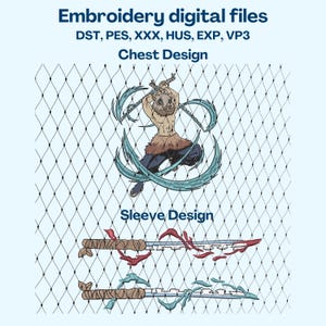 Puede incluir: Archivos de bordado digital con diseños para el pecho y las mangas. El diseño del pecho muestra un personaje con cabeza de jabalí y cuchillas curvas. El diseño de la manga incluye dos espadas con detalles rojos y azules. El texto incluye "Embroidery digital files" y "Chest Design".
