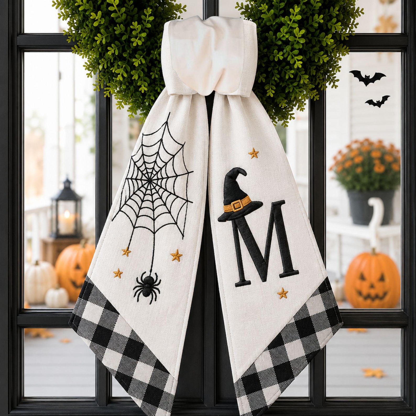 Halloween Spider Web Wreath Sash, Halloween Door Bow Fall Decor, Witch Hat Door Hanger, Custom Ininitial Halloween Decor - White, Black Buffalo