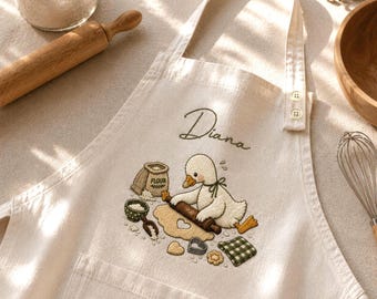 Embroidered Linen Apron: Funny Silly Goose Design, Goose Cookie Backing Apron, Funny Goose Foodie Smock, Adult/Kids Sizes, Custom Name Apron