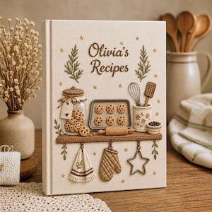Può includere: Un ricettario color crema con motivi da cucina ricamati, tra cui un barattolo di biscotti, una teglia, una frusta, un mattarello, un canovaccio, un guanto da forno e un tagliabiscotti a forma di stella. Il testo "Olivia's Recipes" è ricamato in marrone.