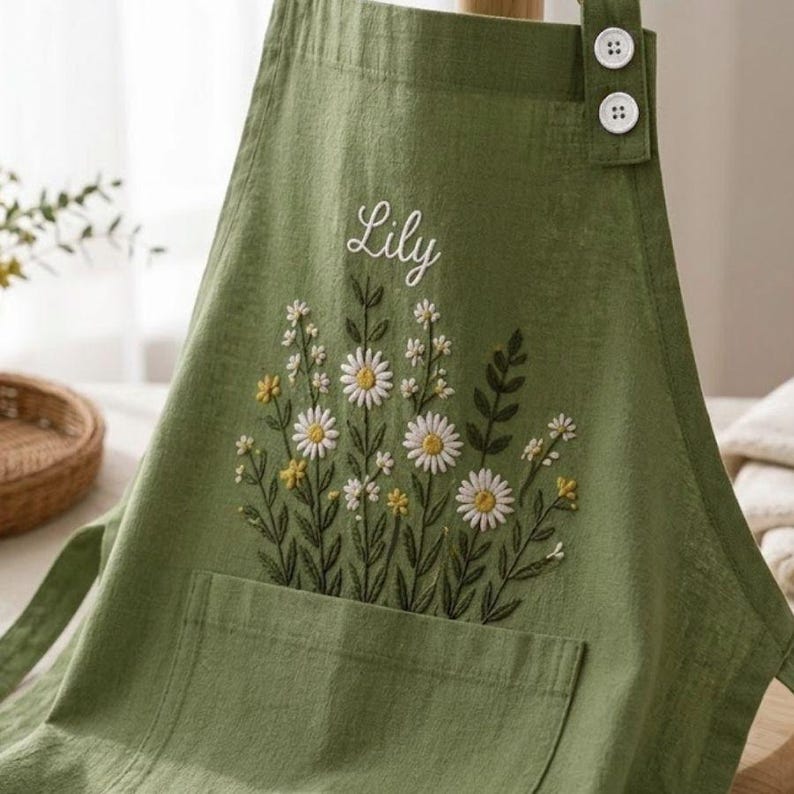 May include: An olive green apron featuring white embroidered daisy flowers and green foliage. The name Lily is embroidered in white script above the floral design. The apron includes a front pocket and two white buttons on the shoulder strap.