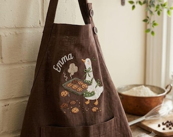 Geborduurde linnen schort: grappig Silly Goose-ontwerp, schort met achterkant ganskoekje, schort grappige gans foodie, maten volwassenen/kinderen, aangepaste naam schort
