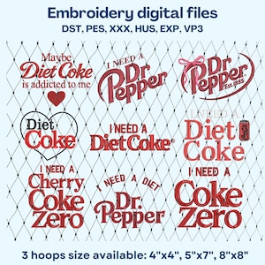 Gestickte Diet Coke DST PES Digital Design, ich brauche eine Coke Zero, Dr Pepper PNG, Geschenk für Soda-Liebhaber