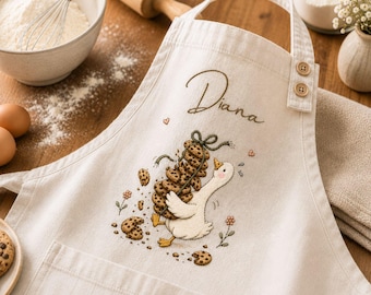 Embroidered Linen Apron: Funny Silly Goose Cookie, Goose Backing Lover Apron, Funny Goose Cookie, Adult/Kids Sizes, Custom Name Apron