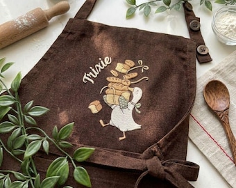 Embroidered Linen Apron: Funny Silly Goose Design, Goose Bread Lover Apron, Funny Goose Backing, Adult/Kids Sizes, Custom Name Apron