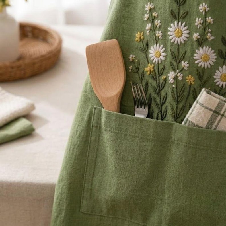May include: An olive green apron featuring embroidered white and yellow daisy flowers. The apron has a large front pocket containing a wooden spatula, a metal fork, and a folded white and green checkered cloth napkin for kitchen use.