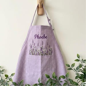 Embroidered Linen Apron: Lavender Garden Design, Adjustable Strap, Adult/Kids Sizes, Custom Name Apron