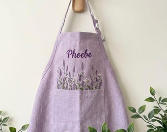 Embroidered Linen Apron: Lavender Garden Design, Adjustable Strap, Adult/Kids Sizes, Custom Name Apron