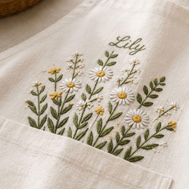 May include: An off-white apron featuring detailed embroidery of white daisies with yellow centers and green leaves. The name Lily is embroidered in cursive green script above the floral arrangement, which extends from the top of a front pocket.