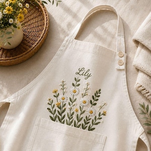 Embroidered Linen Apron: Wildflowe Meadow Garden Design, Adjustable Strap, Adult/Kids Sizes, Custom Name Apron image 5