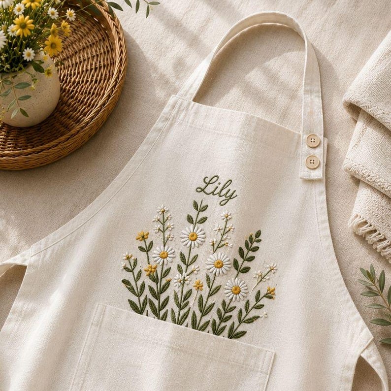 Embroidered Linen Apron: Wildflowe Meadow Garden Design, Adjustable Strap, Adult/Kids Sizes, Custom Name Apron image 5