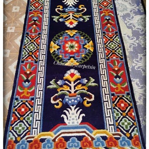 Hand knotted Tibetan Buddhist Rug | Mandala Wool Carpet, Custom Made 3x6ft Prayer mat | Meditation Rug, Boho Floor Decor, Custom Made Rug