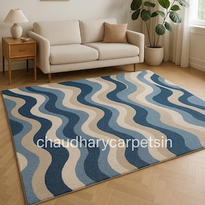 Wavy Blue Beige Area Rug | Modern Ocean Inspired Carpet With Greek Key Border | Soft Modern Rug Or Living Room Rug | Coastal Home Decor Rug.