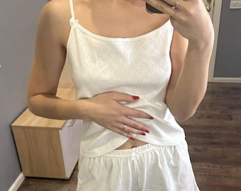 Biała bawełniana piżama Cami Set, miękka i wygodna odzież domowa, piżama z wzorem serca, odzież nocna dla kobiet, bielizna nocna dla panny młodej, prezent dla niej