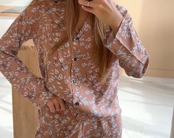 花柄パジャマセット オーガニックコットンパジャマ 長袖 ラウンジウェア レディース スリープウェア