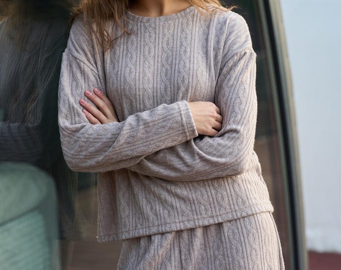 Cozy Pajama Set- Warm Loungewear- Long Sleeve Shirt and Pants- Pajamas Blend of Cotton Viscose- Natural Home Wear