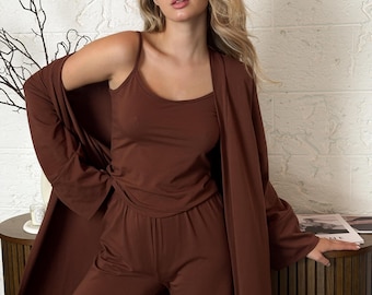 Chocolate Pajama set with Long Robe: 3 Piece Cotton Pajamas, Natural Lounge Wear, Tank Top with Wide Leg Pants, Organic Cotton Pajamas