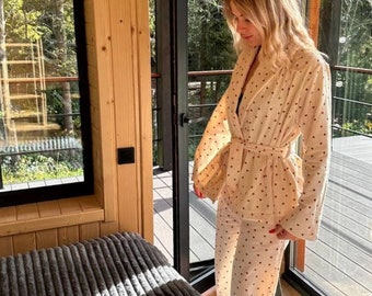 Warm Flannel Pajama Set with Heart Pattern, Cozy Loungewear for women, Gift for her, Winter Sleepwear, Bridesmaid Christmas