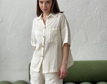 Muslin Pajama Set 100% Cotton Sleepwear Double Gauze Lounge Wear Bridal Bachelorette Party Pajamas Cotton Matching Set