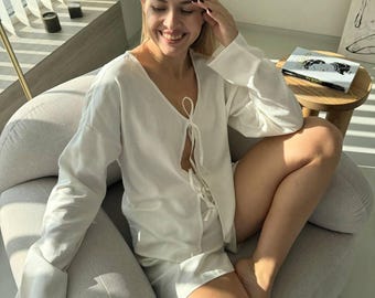 Organic Linen Pajamas, Tie Up Front Top, Bridal Linen Pajamas, Women Linen Clothes, Summer Top and Short Set, Bridesmaid Linen Pajamas