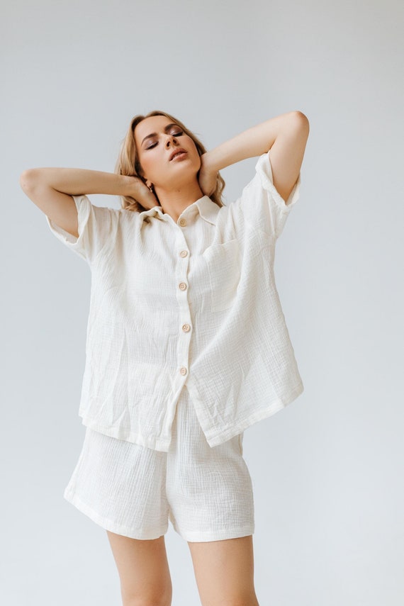 Women Double Gauze T-Shirt Shorts Set, Natural 100% Cotton Pajama,Muslin Crinkle Pajama Set, Summer Relaxed Muslin Set