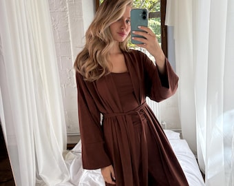 Women Long Cotton Bathrobe: Organic Dressing Gown, Maxi Cotton Robe, Bridesmaid Robes, Natural Home Wear, Gift for Her, Roommate Gift