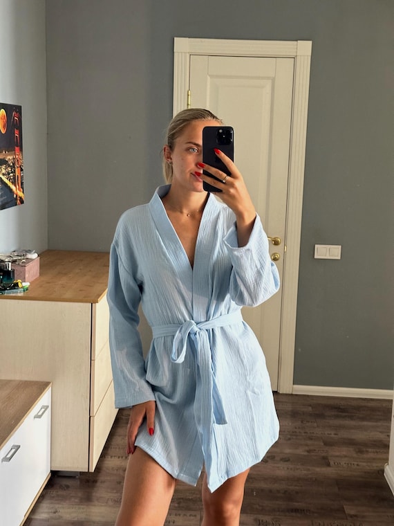 Cotton Bath Robe Short Dressing Gown Muslin Natural Robe Summer Organic Bathrobe Bridesmaid Pajamas Soft Home Wear Gift for Her
