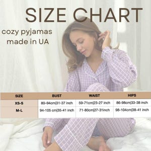 May include: Size chart for cozy pajamas made in Ukraine. The chart shows sizes XS-S and M-L with corresponding bust, waist, and hip measurements in inches and centimeters.