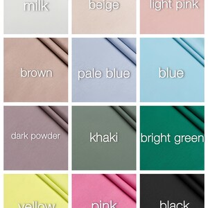 May include: A collection of fabric swatches in various colors, including milk, beige, light pink, brown, pale blue, blue, dark powder, khaki, bright green, yellow, pink, and black. Each swatch has the color name printed on it.