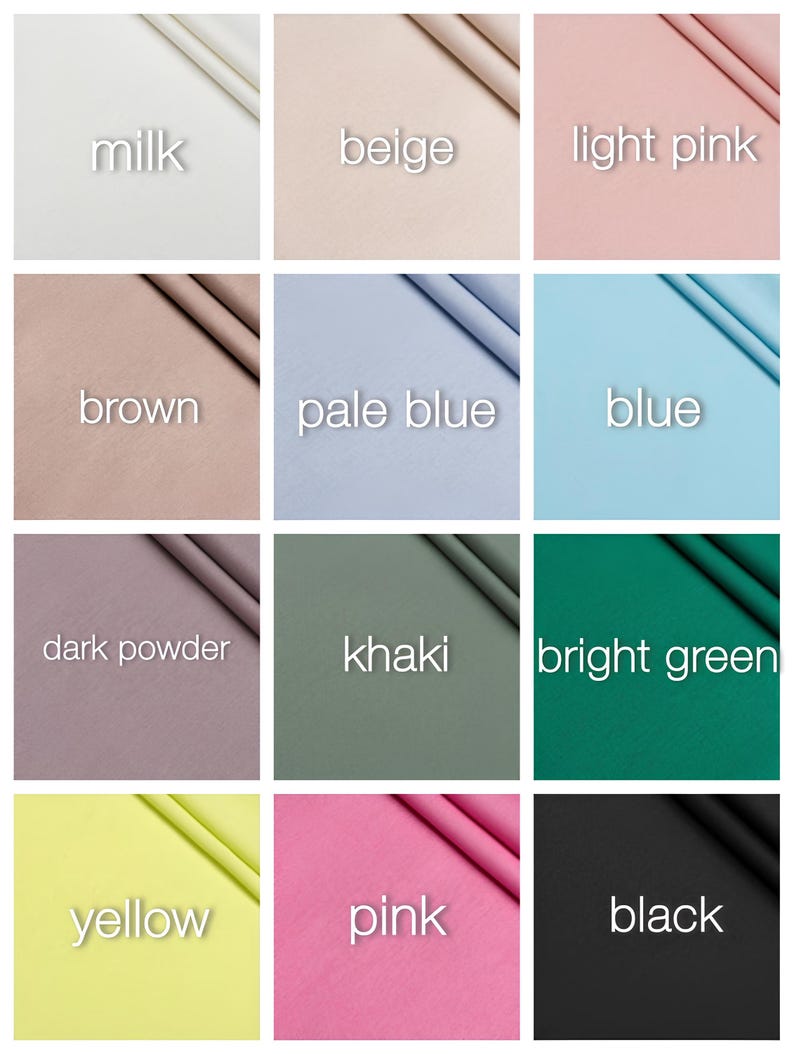 May include: A collection of fabric swatches in various colors, including milk, beige, light pink, brown, pale blue, blue, dark powder, khaki, bright green, yellow, pink, and black. Each swatch has the color name printed on it.