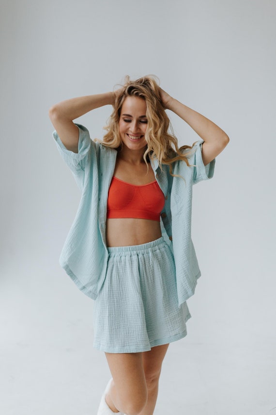 Cotton Sleepwear, Muslin Pajama Set, Crinkled Cotton Pajama ,Summer Double Gauze Short with T-Shirt for relaxing, bridesmaid pjs