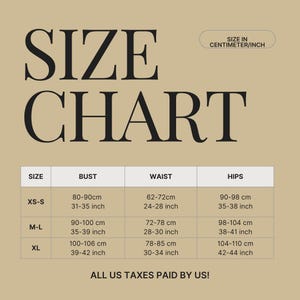 May include: A size chart with measurements in centimeters and inches for bust, waist, and hips. Sizes range from XS-S to XL. The chart includes the text "SIZE CHART" and "SIZE IN CENTIMETER/INCH".