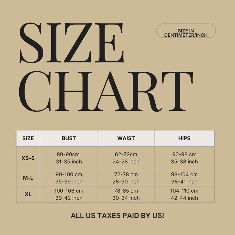May include: A size chart with measurements in centimeters and inches for bust, waist, and hips. Sizes range from XS-S to XL. The chart includes the text "SIZE CHART" and "SIZE IN CENTIMETER/INCH".