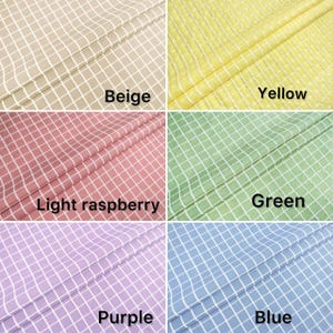 May include: Five fabric swatches with a white grid pattern. The swatches are beige, yellow, light raspberry, green, and purple.