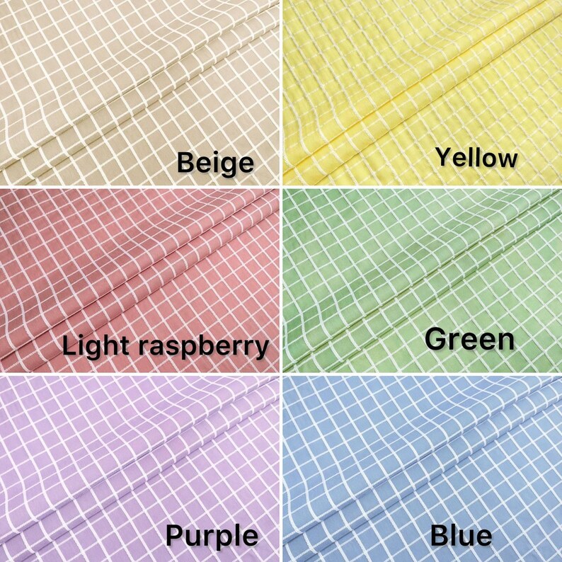 May include: Five fabric swatches with a white grid pattern. The swatches are beige, yellow, light raspberry, green, and purple.