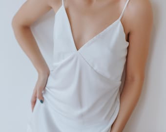 Elegant White Silk Slip Nightgown Open Back Mini Dress Bridal Sleepwear Bride Robe Sleeveless Wedding Dress Gift for Her