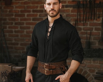 LARP Medieval Men’s Black Lace-Up Tunic Shirt Cotton Linen Blend