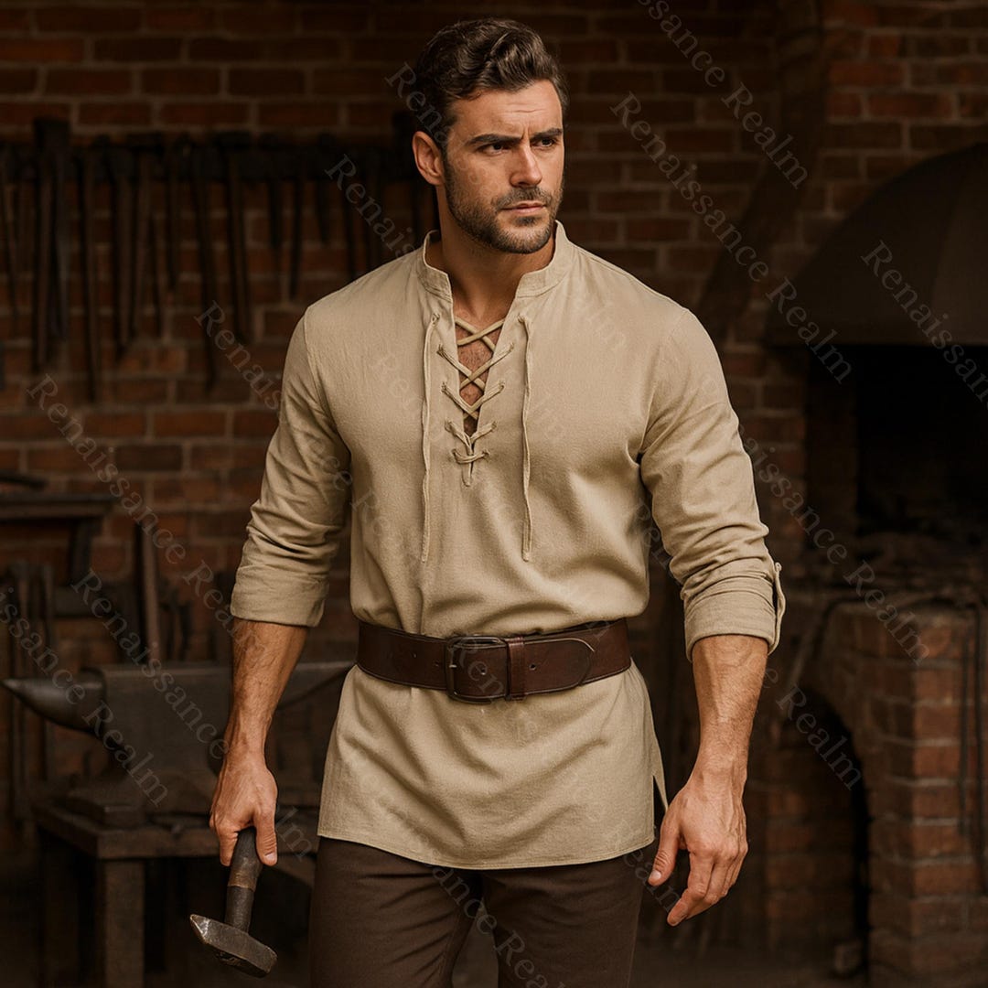 LARP Medieval Men's Lace-up Tunic Shirt Khaki Cotton Linen Viking