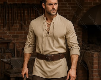 LARP Mittelalter Herren-Schnürtunika Hemd aus Khaki Baumwolle Leinen Wikingerrenaissance