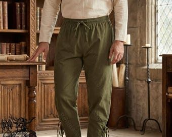 Medieval LARP Pants Men, Cotton Linen Trousers, Green Renaissance Viking Costume