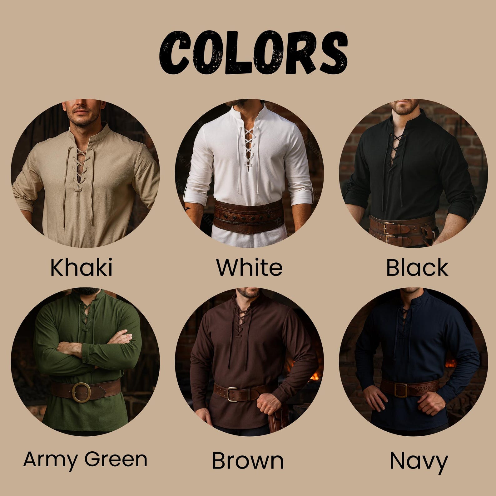 LARP Medieval Men’s Lace-up Tunic Shirt Khaki Cotton Linen Viking ...