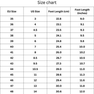 May include: Size chart for shoes showing European (EU) size, US size, foot length in centimeters, and foot length in inches.