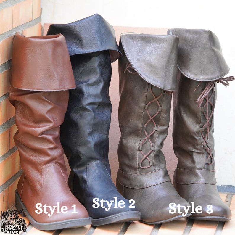 May include: Three styles of knee-high boots with different designs. The first boot is brown leather with a fold-over top. The second boot is black leather with a fold-over top. The third boot is brown leather with a lace-up design.
