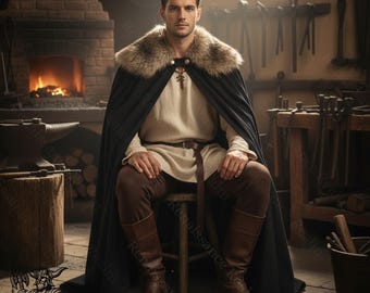 Medieval Viking Cloak with Faux Fur Collar – Warmth Style Winter LARP Costume Robe