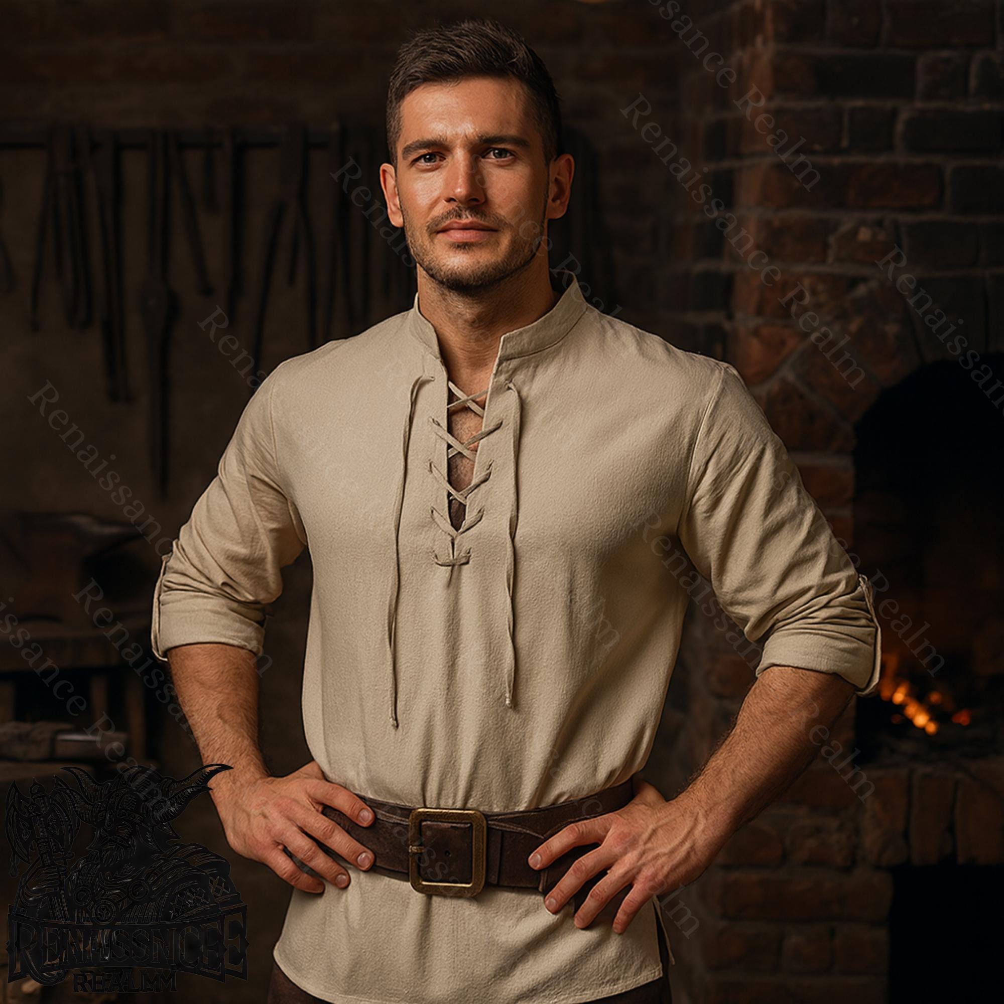 LARP Medieval Men’s Lace-up Tunic Shirt Khaki Cotton Linen Viking ...