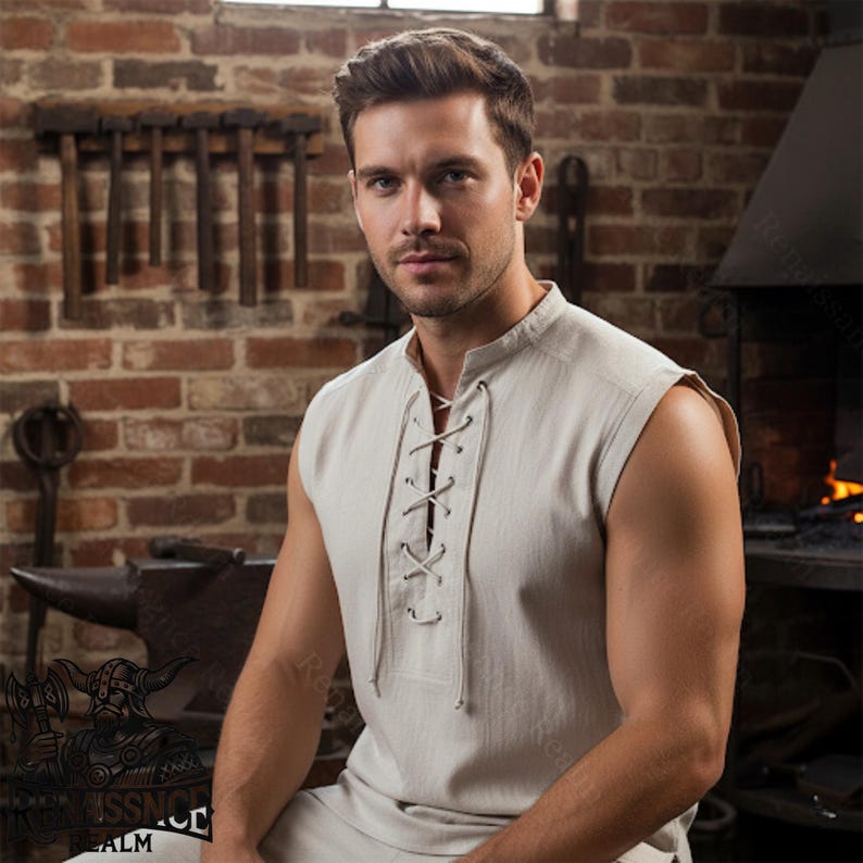 Sleeveless Cotton Tunic Shirt | White Medieval Viking LARP Top for Men ...